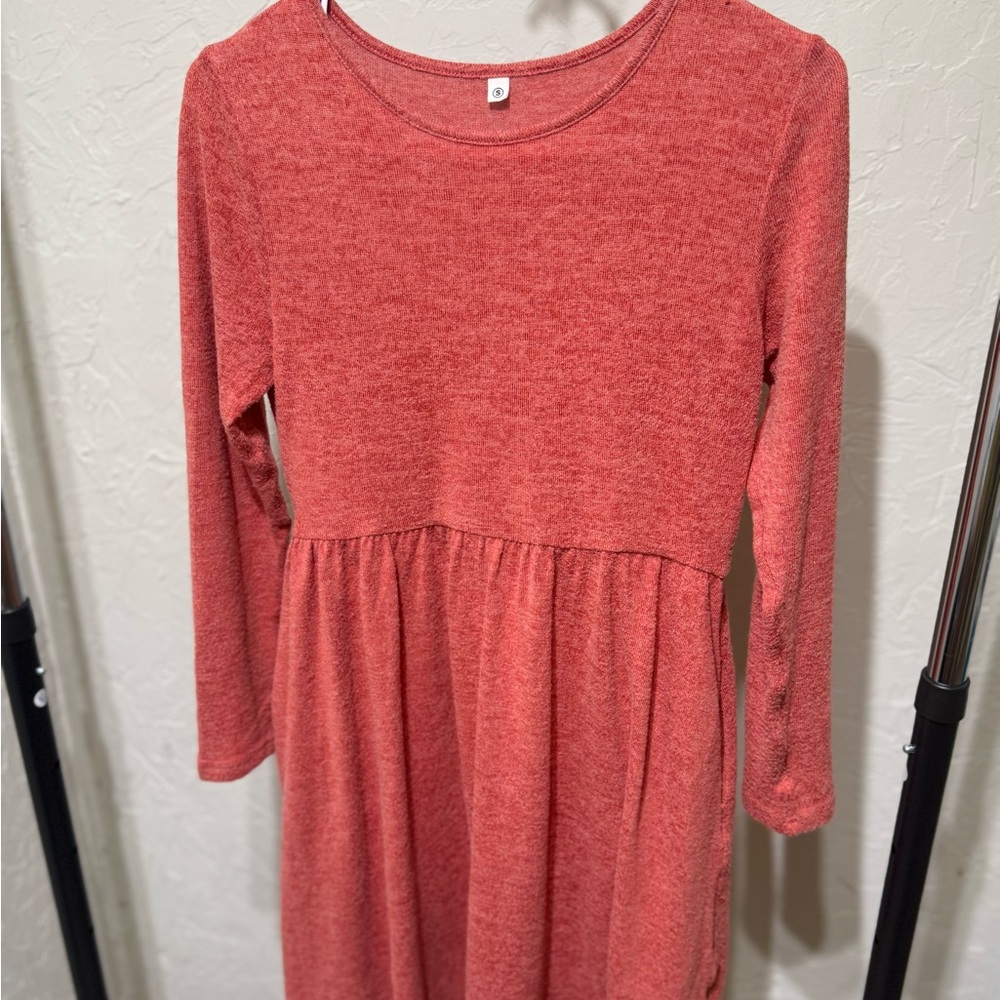 Girls' Long Sleeve Red Orange Poly/Spandex  Stretch Skater Dress Girls S